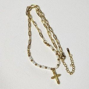 Gold Plated‎ Stainless Steel Chain Freshwater Pearl Beads Cross Pendant Necklace